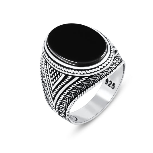 Chimoda Mens Rings with Black Onyx Stone in Sterling Silver with Vintage Eastern Motifs Men's Jewelry