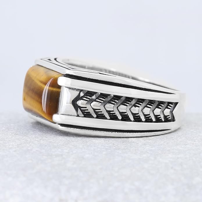 Chimoda Arrow Pattern Sterling Silver Ring for Men Tiger Eye Stone