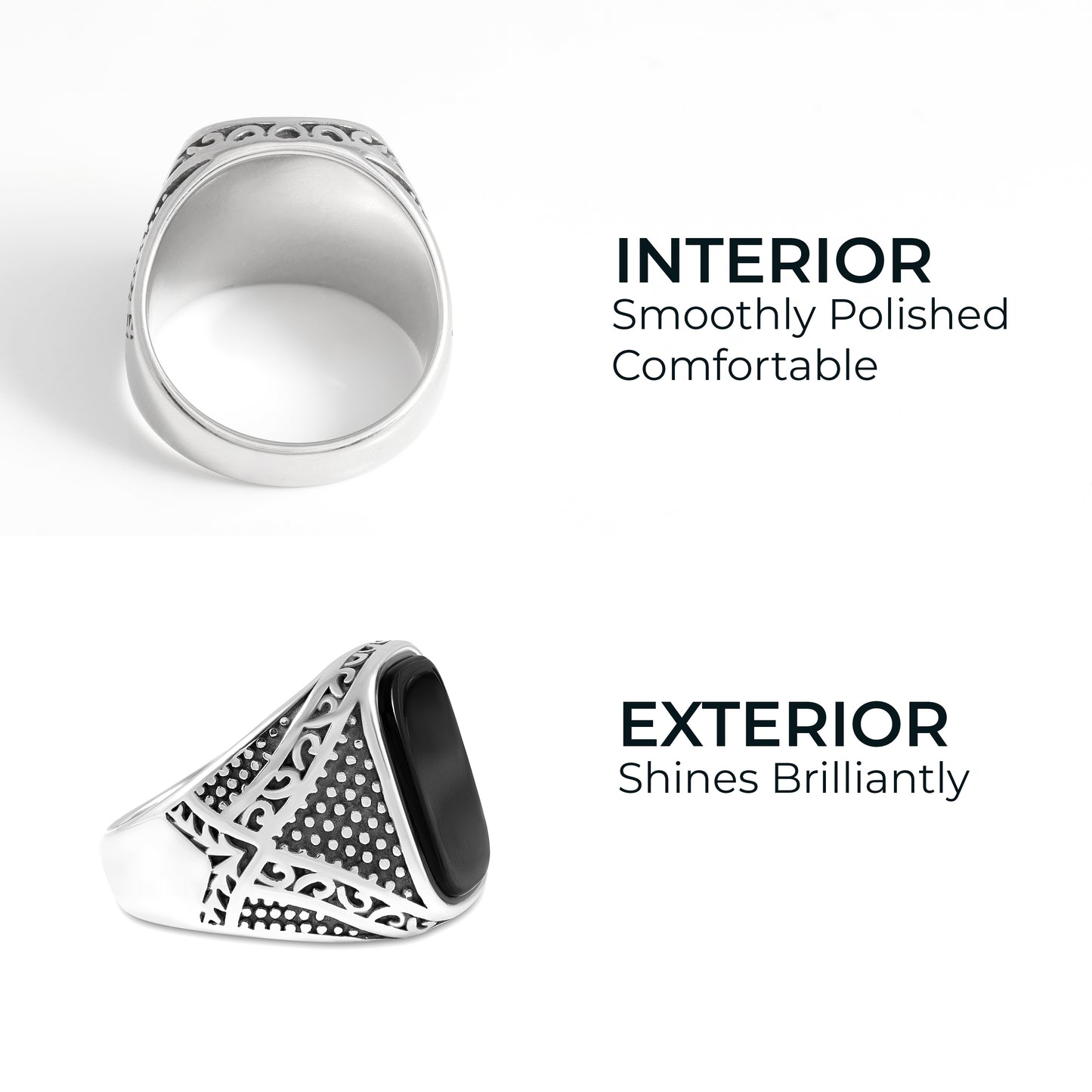 Stainless Steel Men's Ring with Black Agate Stone, Intricate Motif Design