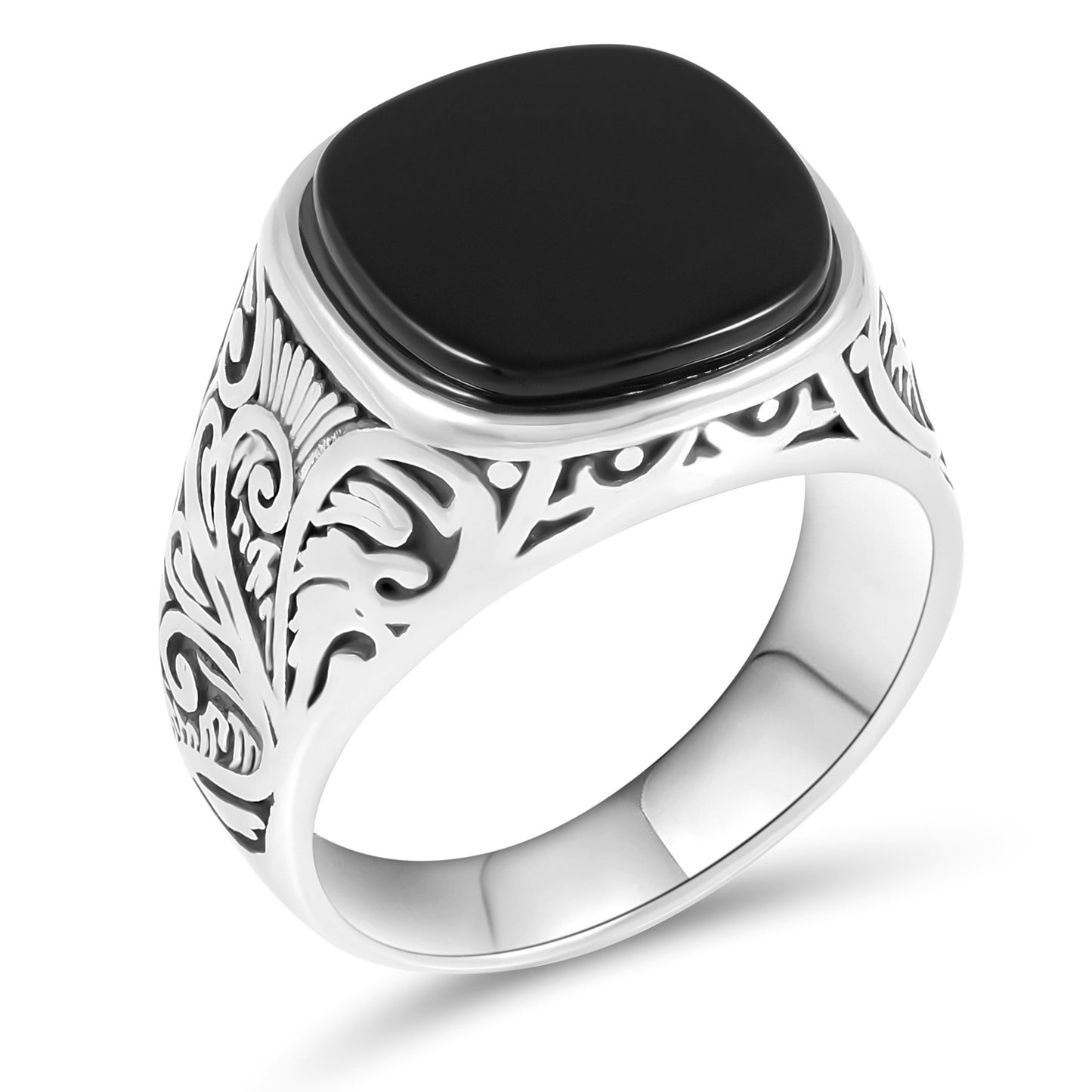Men's Stainless Steel Ring with Black Agate Stone – Elegant Scroll Motifs – Durable and Hypoallergenic