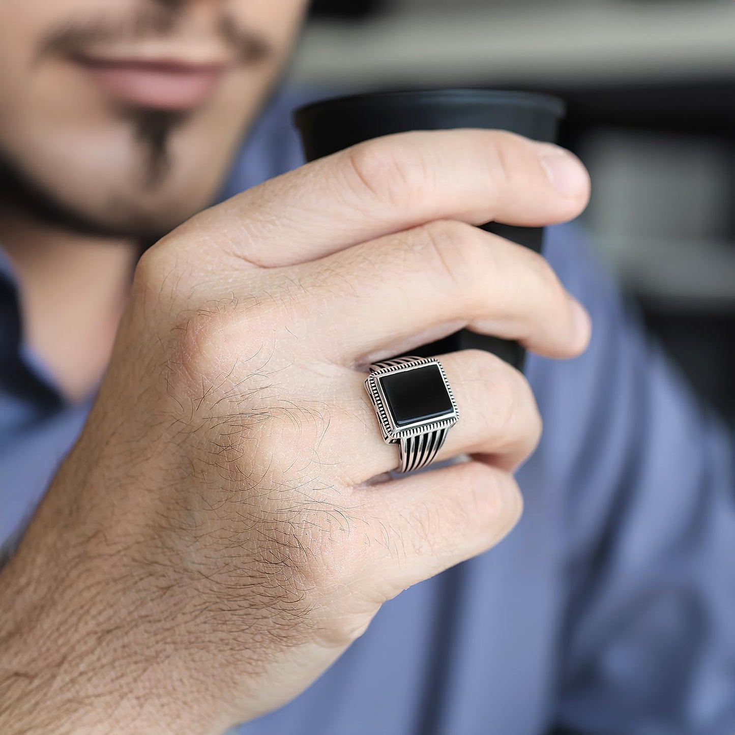 Stainless Steel Ring for Men with Black Agate Stone