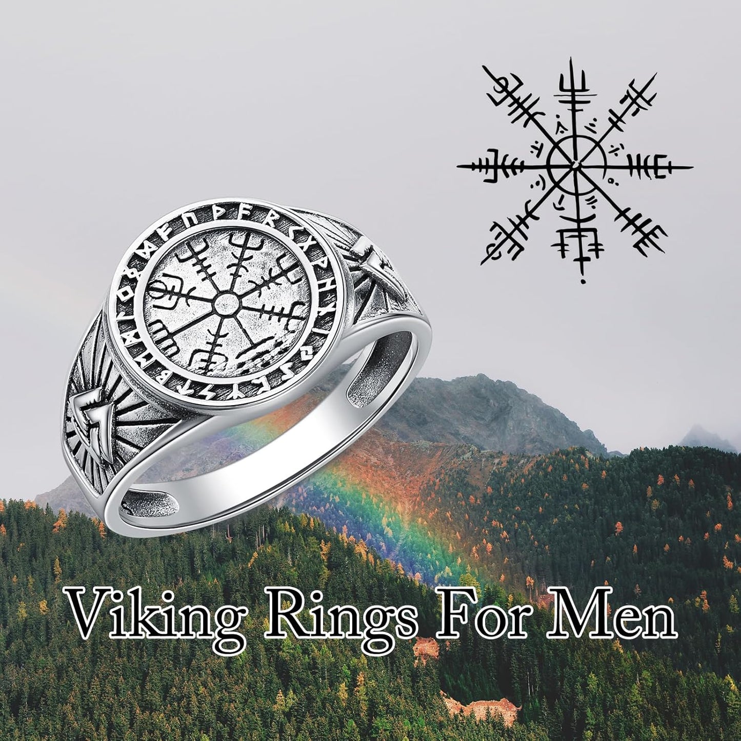 Viking Rings for Men 925 Sterling Silver Viking Vegvisir Norse Pirate Compass Ring Valknut Ring Jewelry for Men