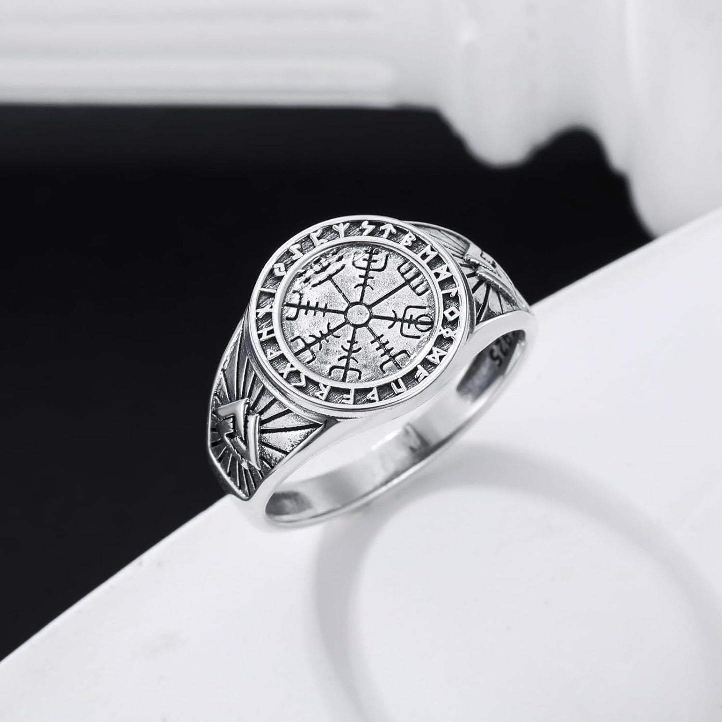 Viking Rings for Men 925 Sterling Silver Viking Vegvisir Norse Pirate Compass Ring Valknut Ring Jewelry for Men