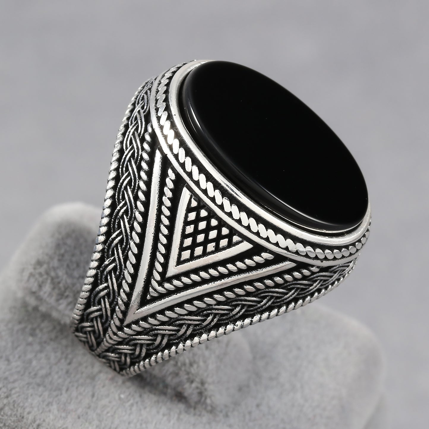 Chimoda Mens Rings with Black Onyx Stone in Sterling Silver with Vintage Eastern Motifs Men's Jewelry