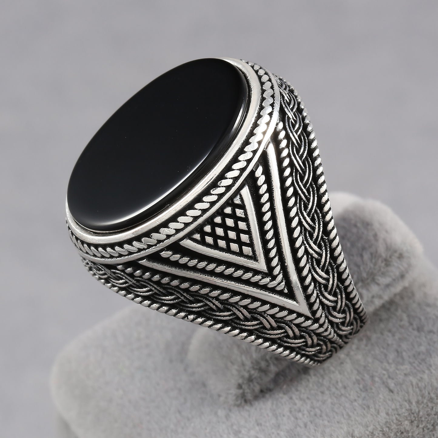 Chimoda Mens Rings with Black Onyx Stone in Sterling Silver with Vintage Eastern Motifs Men's Jewelry