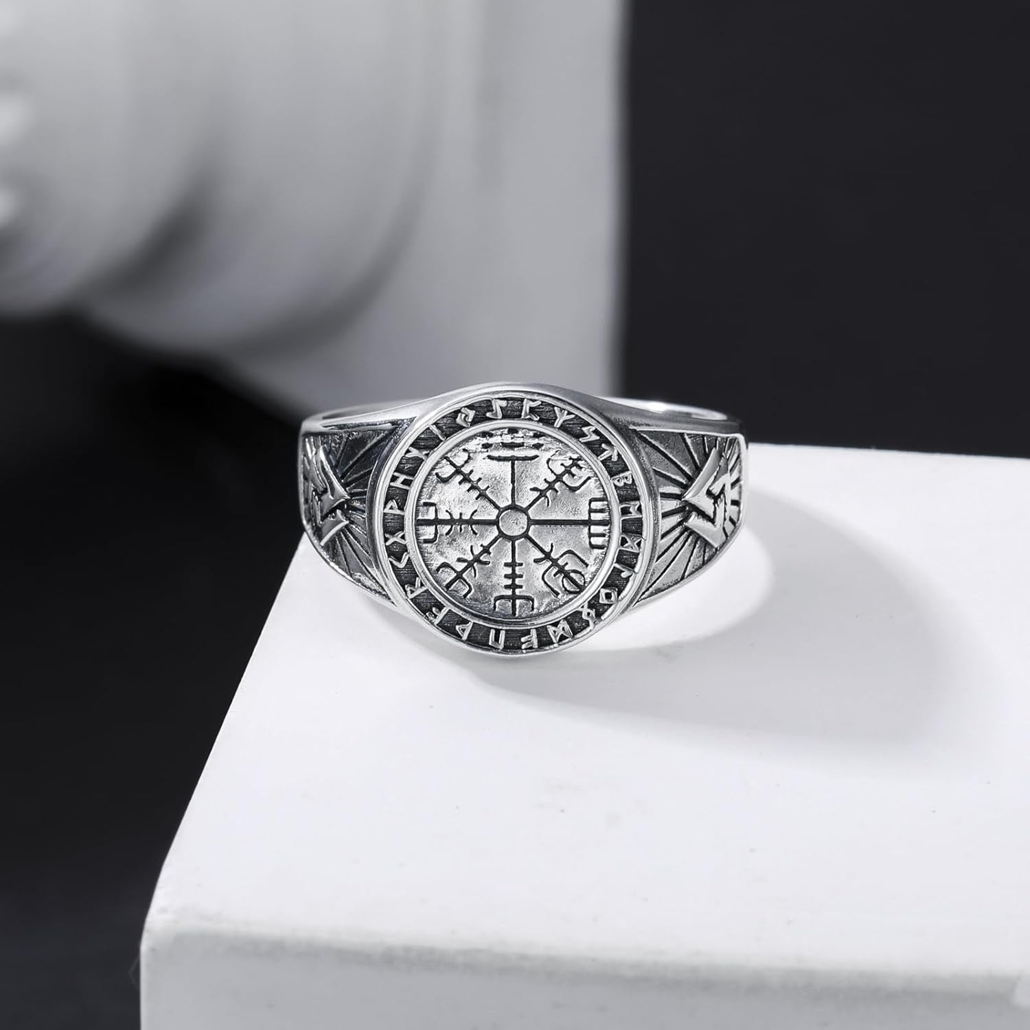 Viking Rings for Men 925 Sterling Silver Viking Vegvisir Norse Pirate Compass Ring Valknut Ring Jewelry for Men