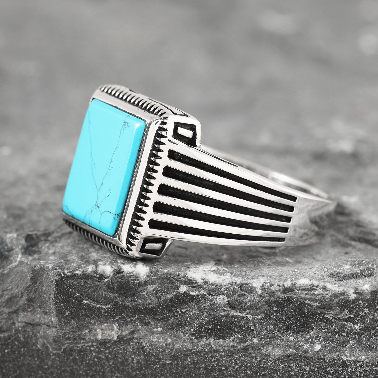 Chimoda Sterling Silver Rings for Men with Turquoise Stone, Handmade Mens Jewelry Ring, Striped Motif Mens Ring - Chimoda
