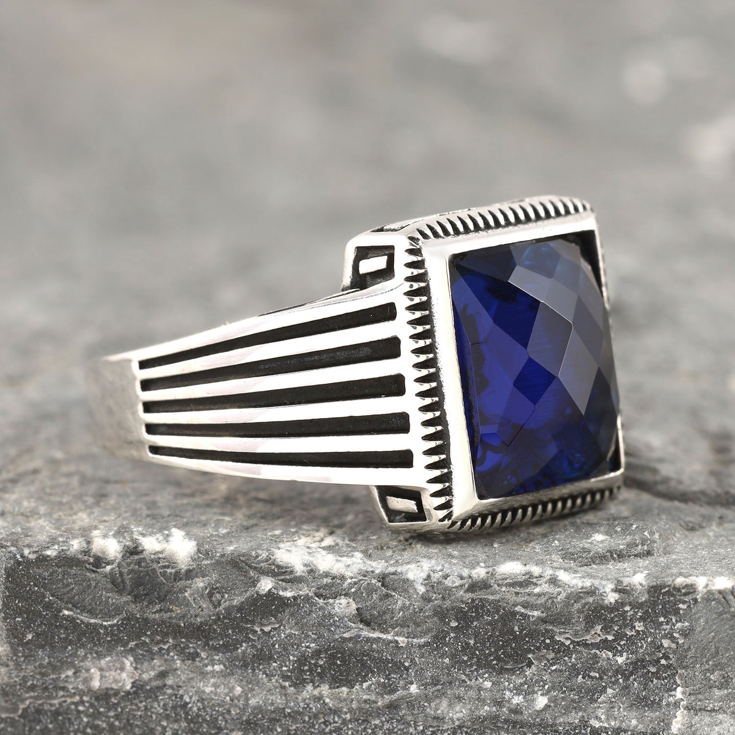 Chimoda Sterling Silver Rings for Men with Blue Zircon Stone, Handmade Mens Jewelry Ring, Striped Motif Mens Ring - Chimoda