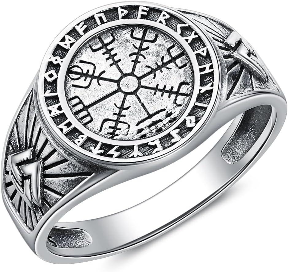 Viking Rings for Men 925 Sterling Silver Viking Vegvisir Norse Pirate Compass Ring Valknut Ring Jewelry for Men