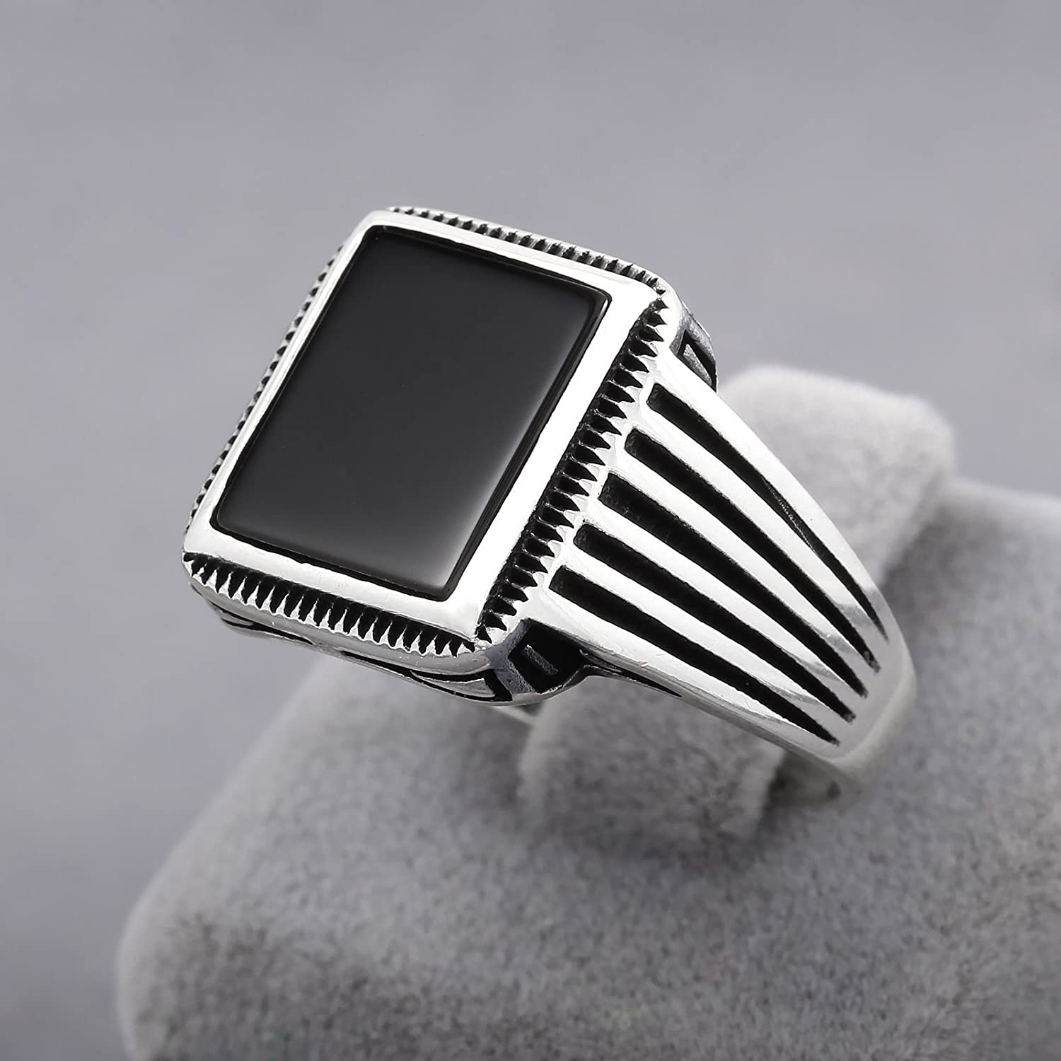 Chimoda Sterling Silver Rings for Men with Onyx Stone , Handmade Mens Jewelry Ring, Striped Motif Mens Ring - Chimoda