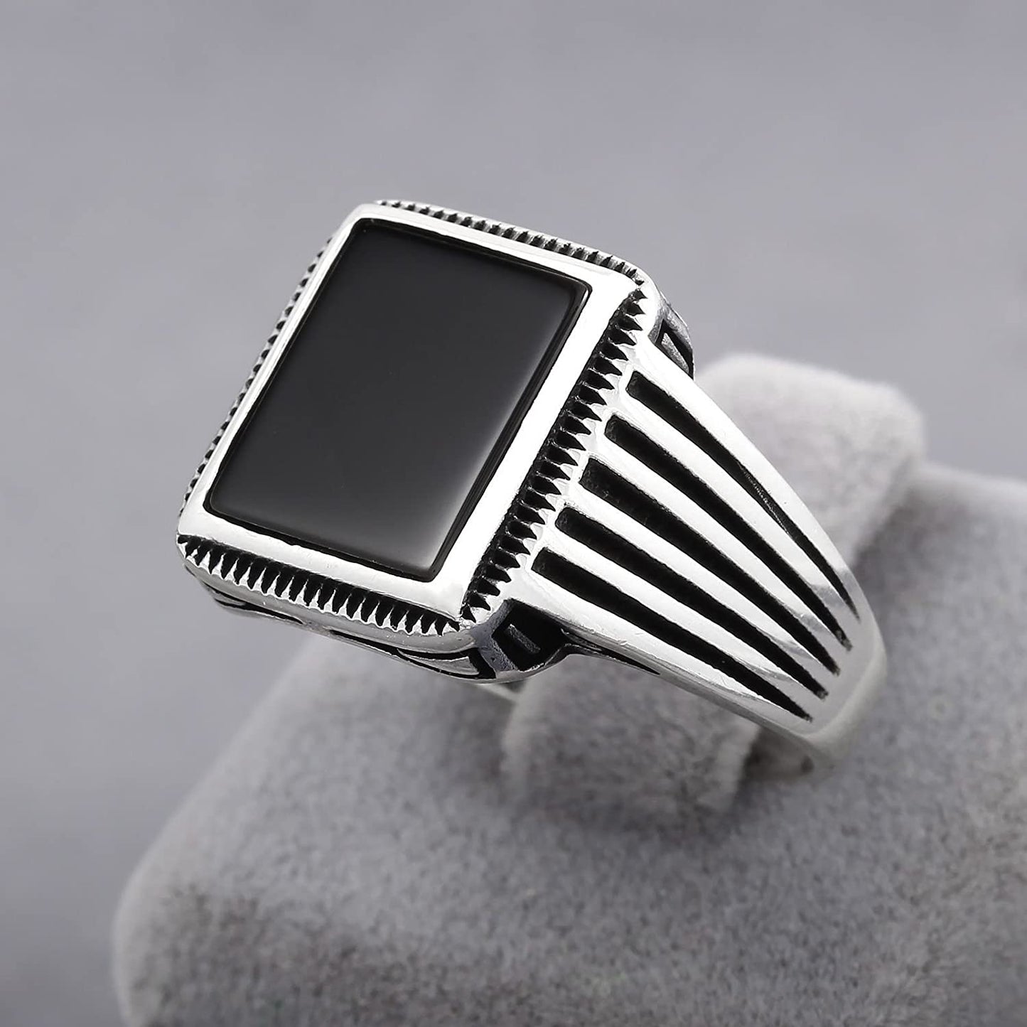 Chimoda Sterling Silver Rings for Men with Onyx Stone , Handmade Mens Jewelry Ring, Striped Motif Mens Ring - Chimoda