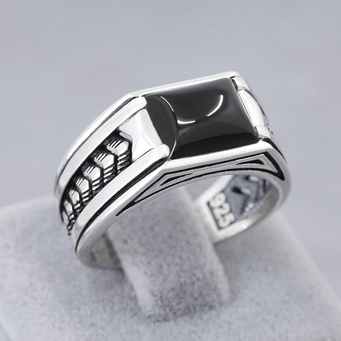 Chimoda Arrow Pattern Sterling Silver Ring for Men Onyx Stone