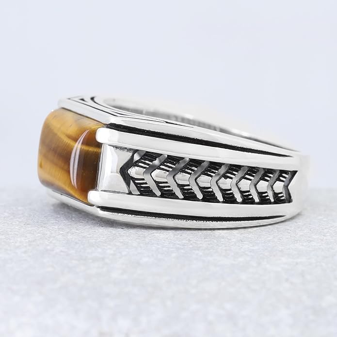 Chimoda Arrow Pattern Sterling Silver Ring for Men Tiger Eye Stone