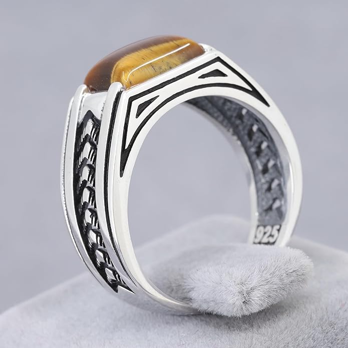 Chimoda Arrow Pattern Sterling Silver Ring for Men Tiger Eye Stone