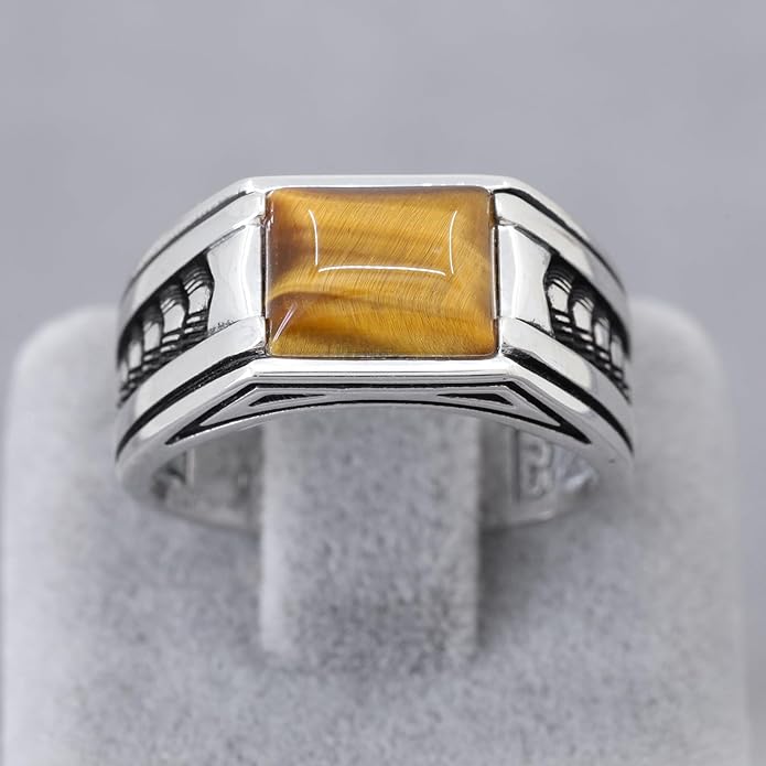 Chimoda Arrow Pattern Sterling Silver Ring for Men Tiger Eye Stone