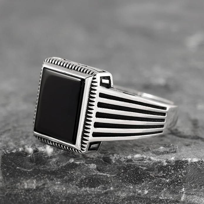 Chimoda Striped Pattern Sterling Silver Ring for Men Onyx Stone