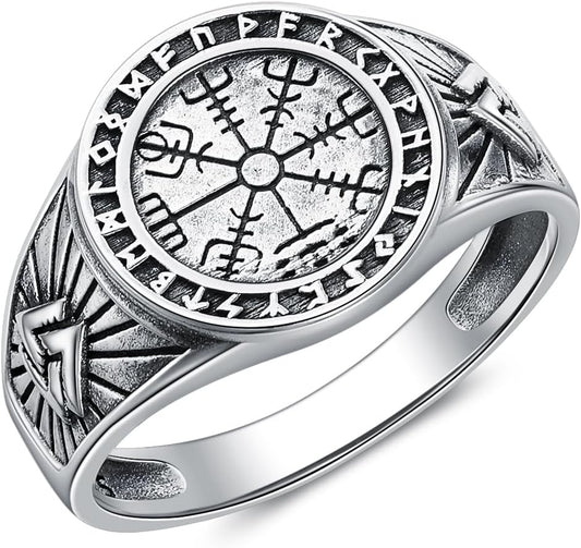 Viking Rings for Men 925 Sterling Silver Viking Vegvisir Norse Pirate Compass Ring Valknut Ring Jewelry for Men