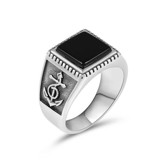 Men's Stainless Steel Anchor Ring with Black Agate Stone – Nautical-Inspired Design – Durable and Stylish