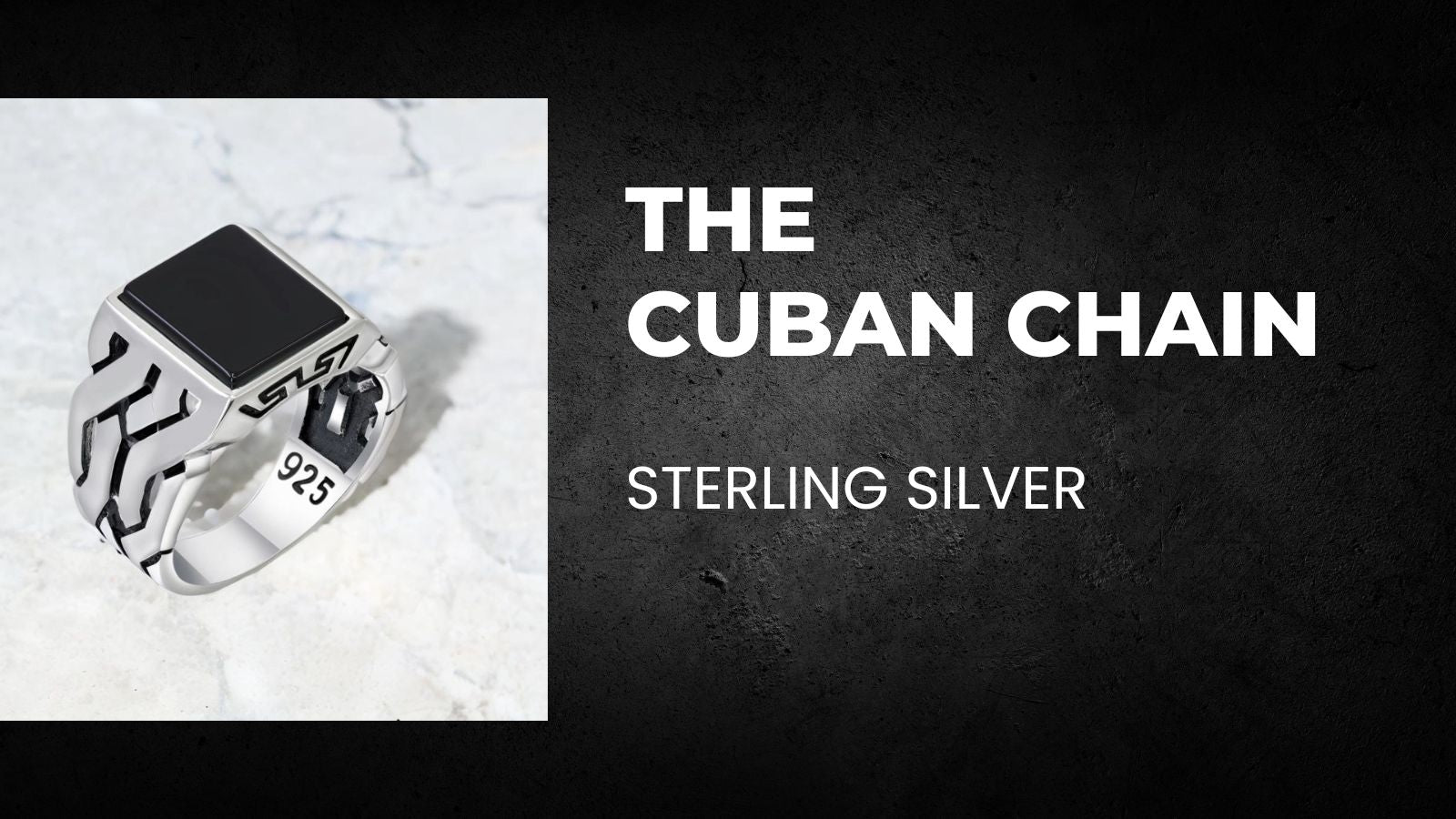 Load video: Video of Sterling Silver Ring for Men with Onyx Stone, Cuban Chain Motif