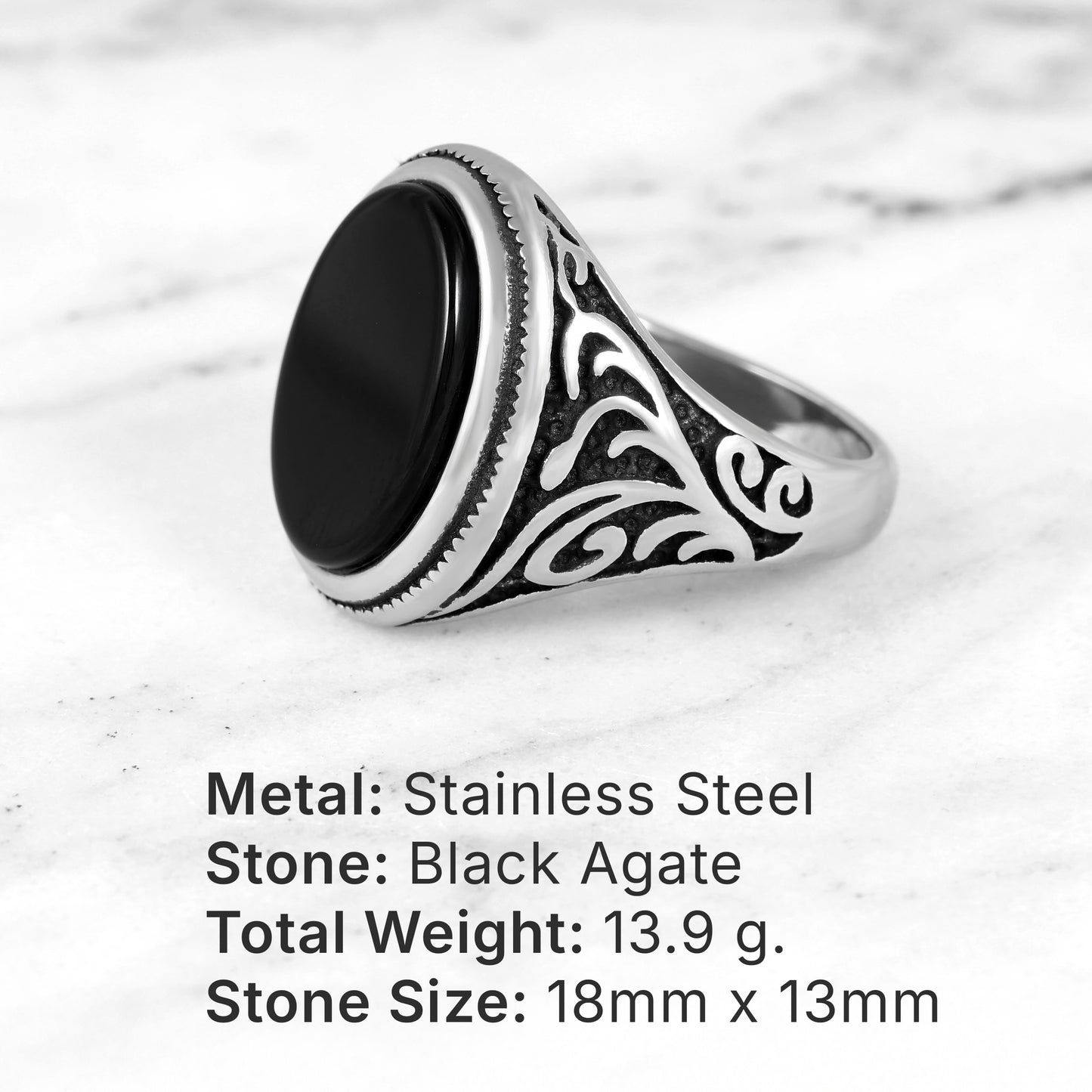 Men's Stainless Steel Ring with Black Agate Stone – Bold & Stylish Design – Durable and Hypoallergenic