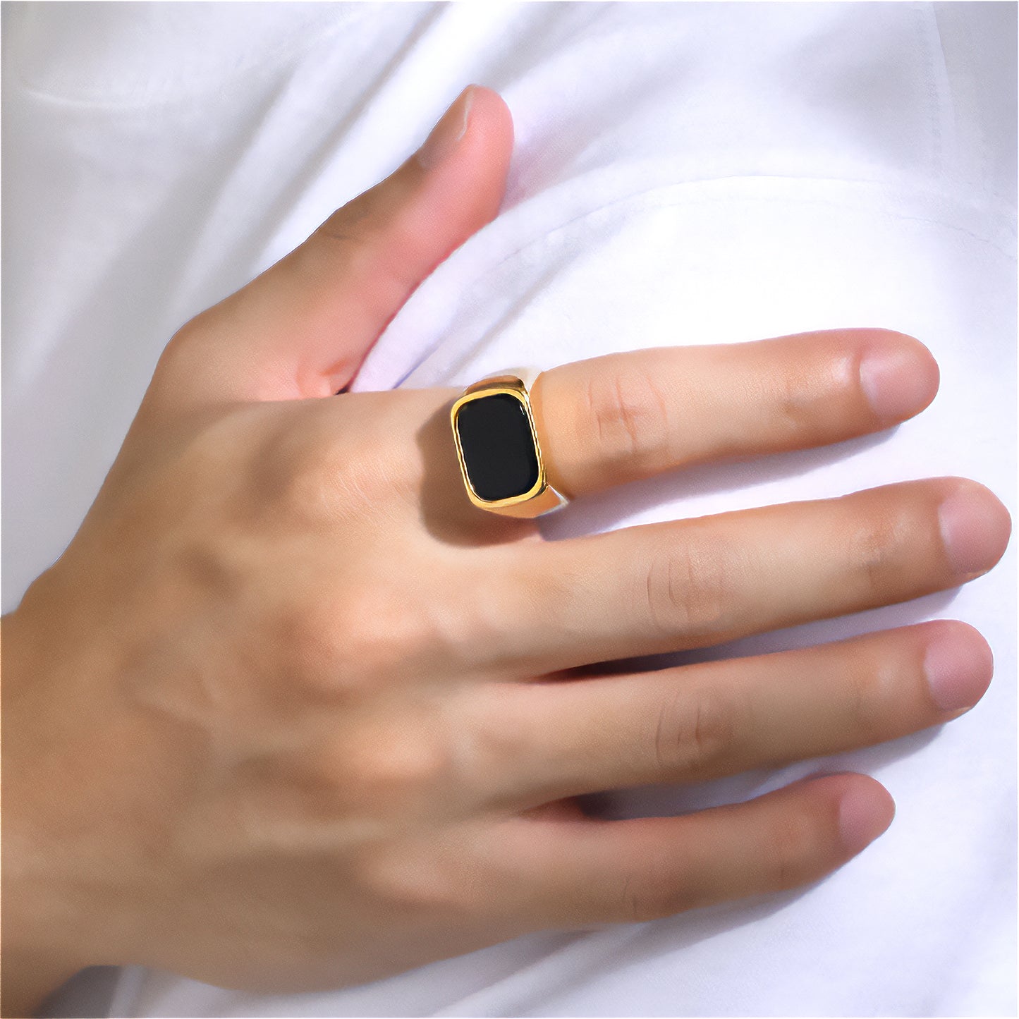 Gold Plated Stainless Steel Rings for Men with Black Glass , Anillos Para Hombre