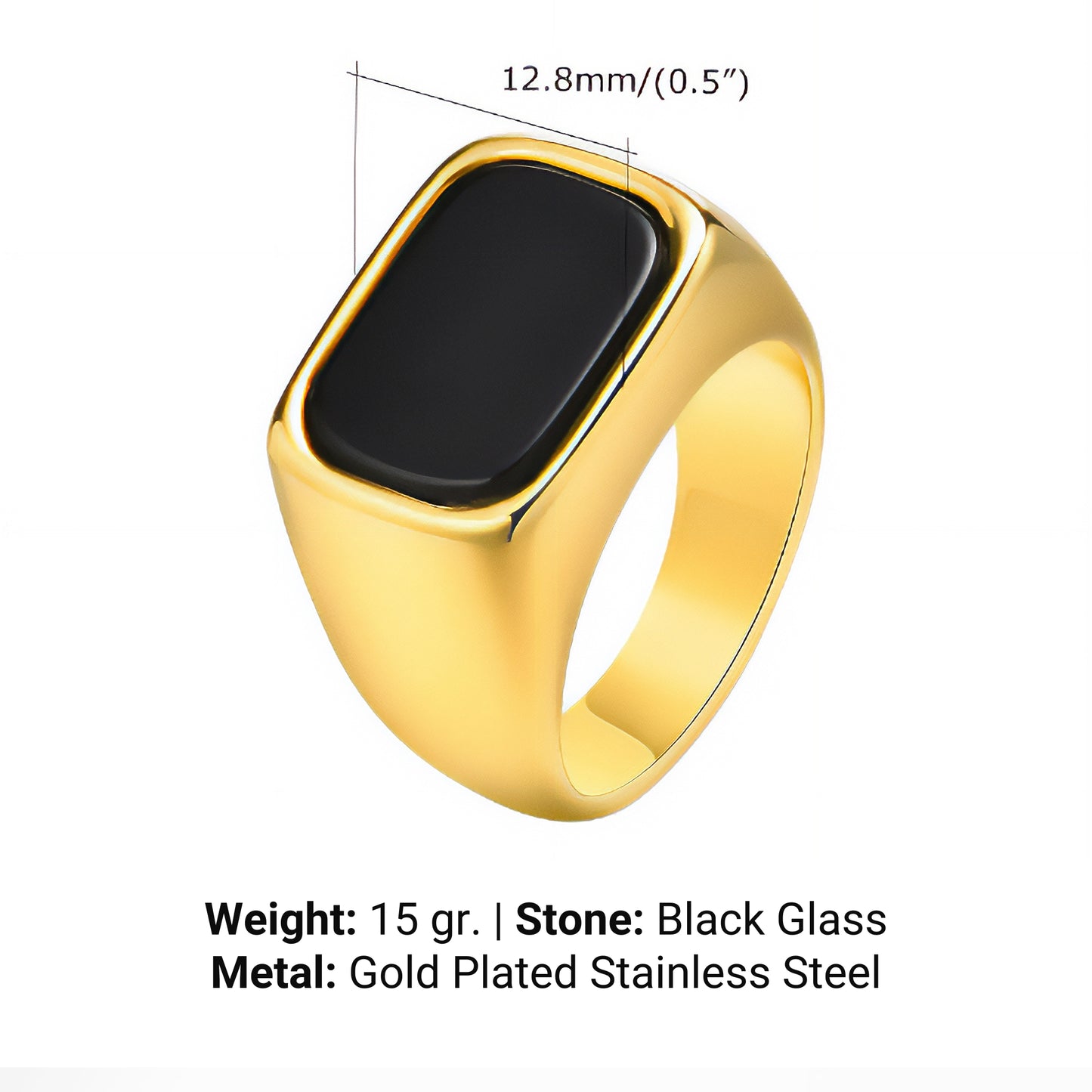 Gold Plated Stainless Steel Rings for Men with Black Glass , Anillos Para Hombre