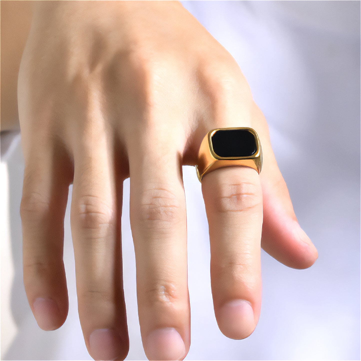 Gold Plated Stainless Steel Rings for Men with Black Glass , Anillos Para Hombre