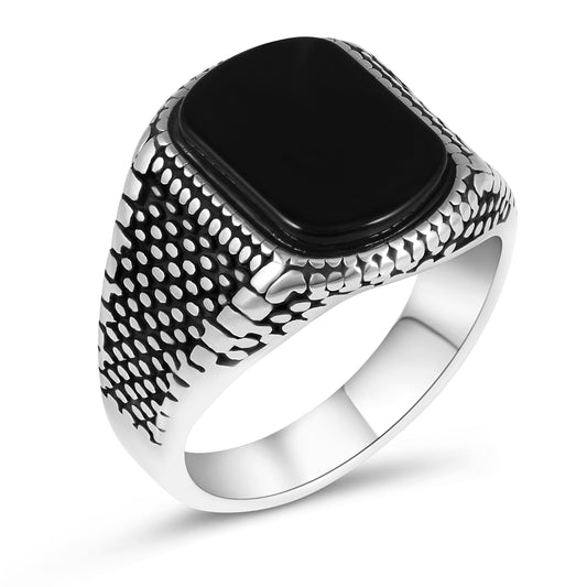 Men's Stainless Steel Ring with Black Agate Stone – Modern Textured Design – Durable Polished Finish