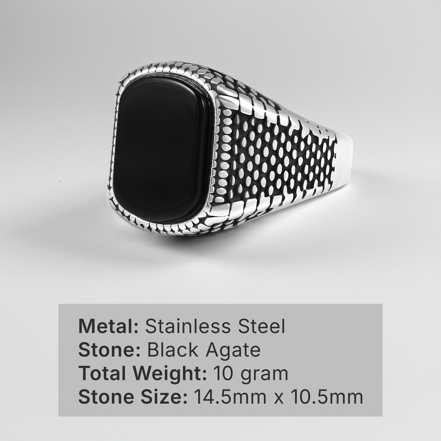 Men's Stainless Steel Ring with Black Agate Stone – Modern Textured Design – Durable Polished Finish