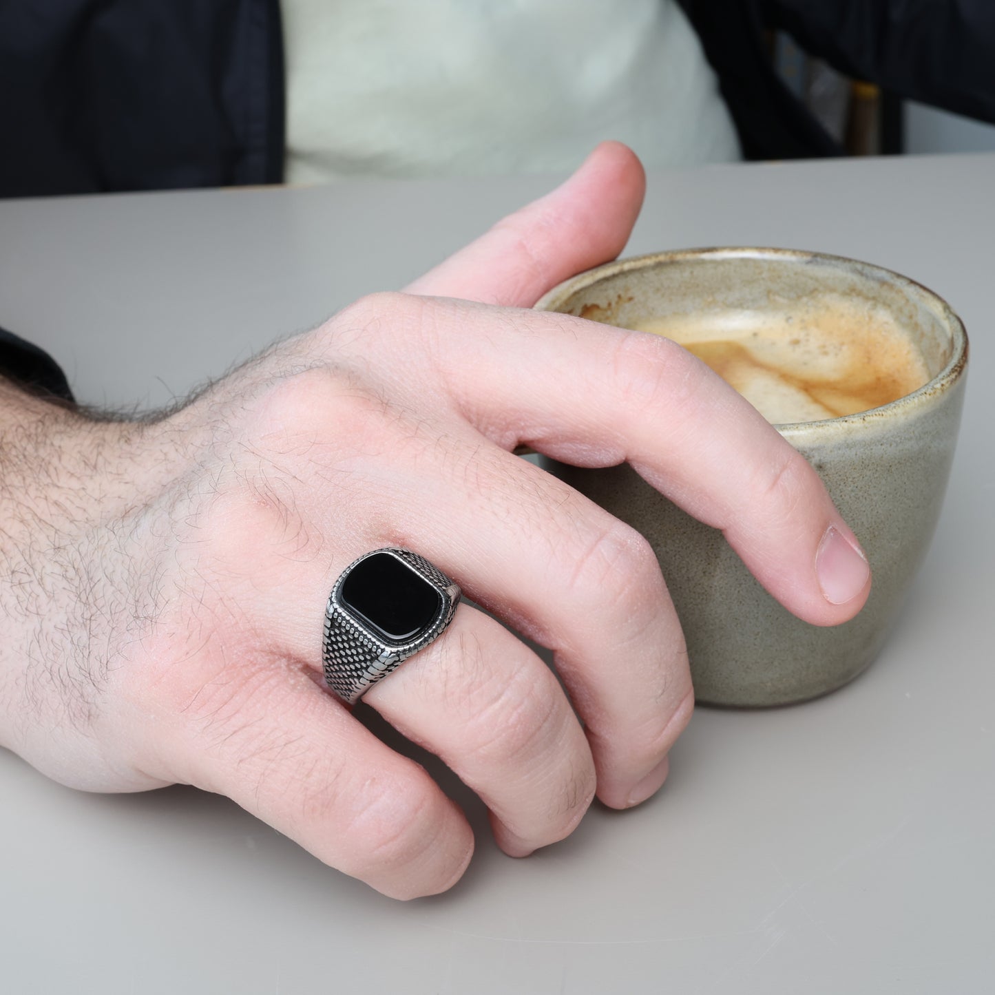 Men's Stainless Steel Ring with Black Agate Stone – Modern Textured Design – Durable Polished Finish