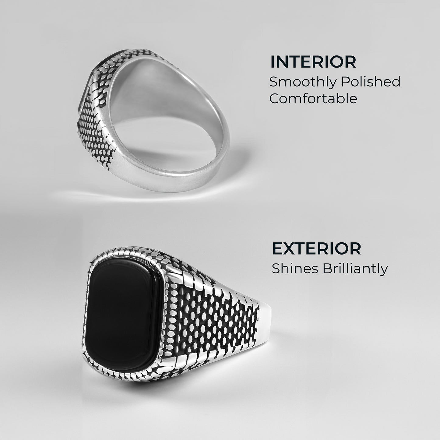 Men's Stainless Steel Ring with Black Agate Stone – Modern Textured Design – Durable Polished Finish