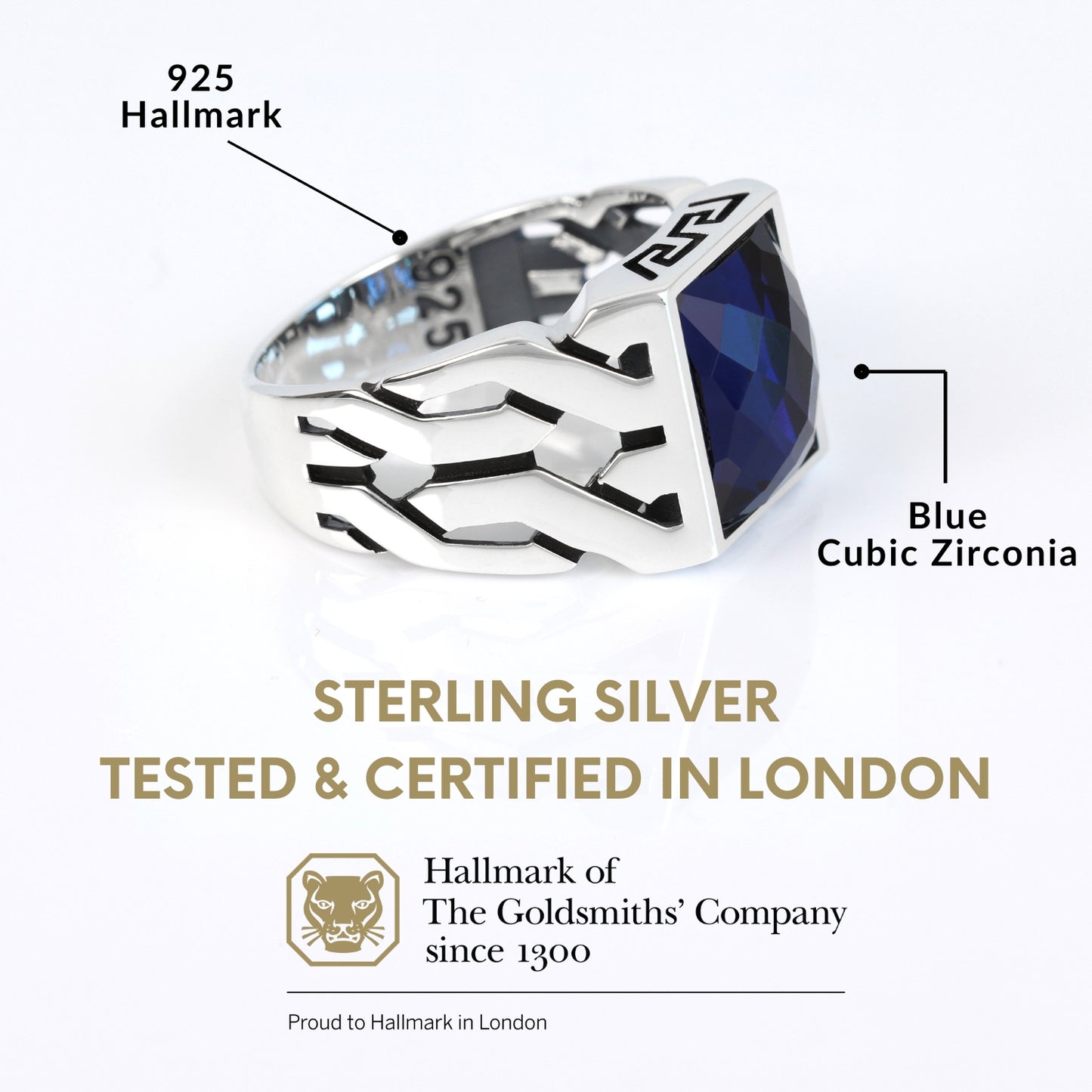 Chimoda Cuban Link Pattern Sterling Silver Ring for Men Blue CZ Stone