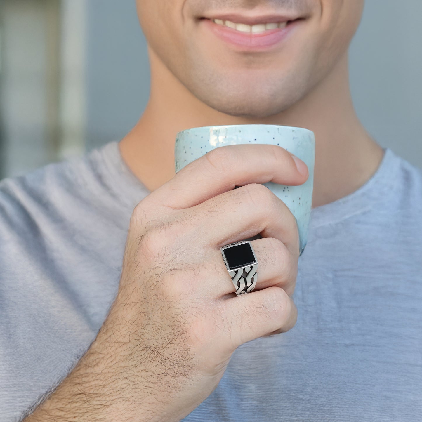 Sterling Silver Cuban Link Ring with Black Onyx Stone for Men