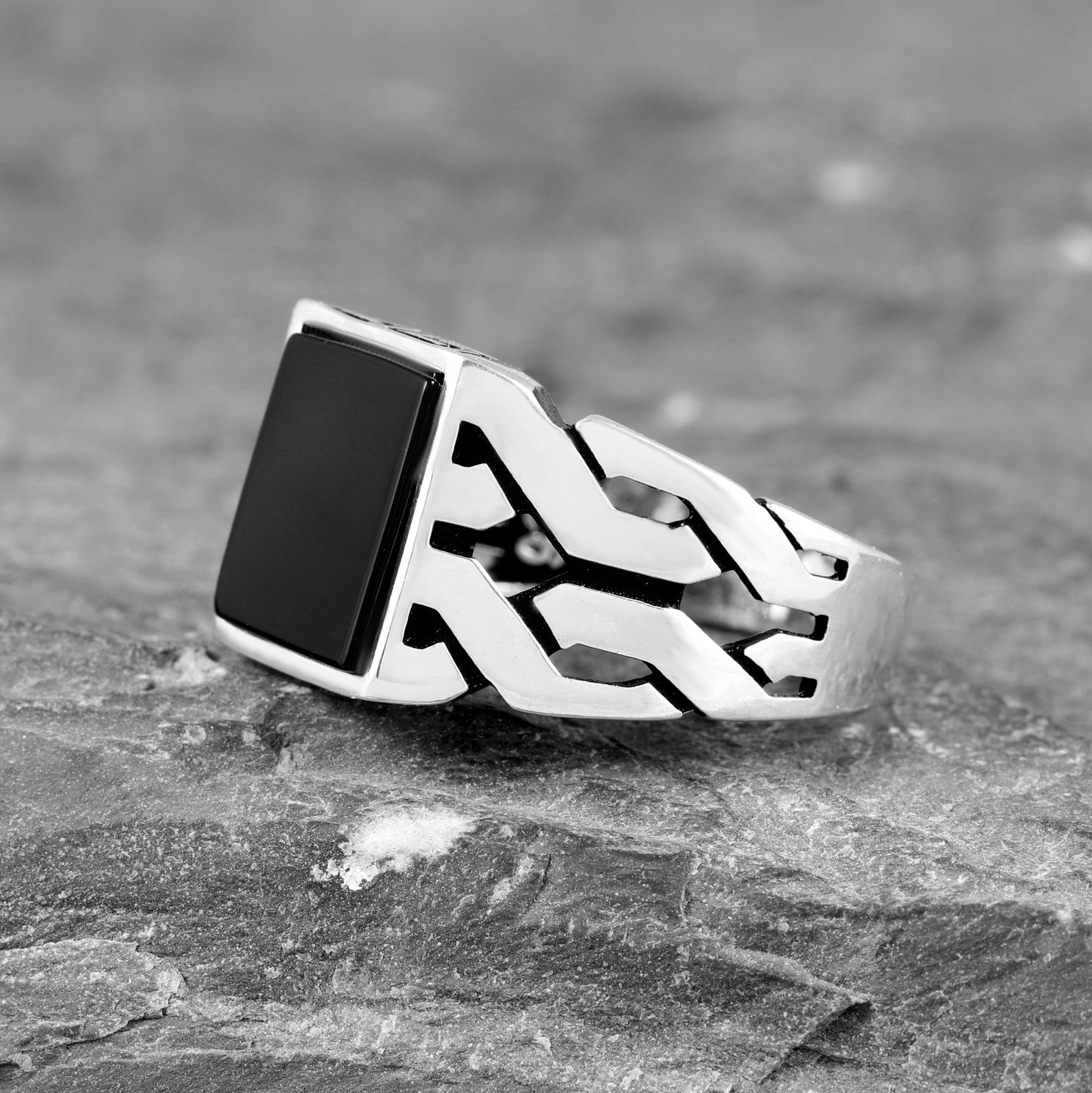 Sterling Silver Cuban Link Ring with Black Onyx Stone for Men