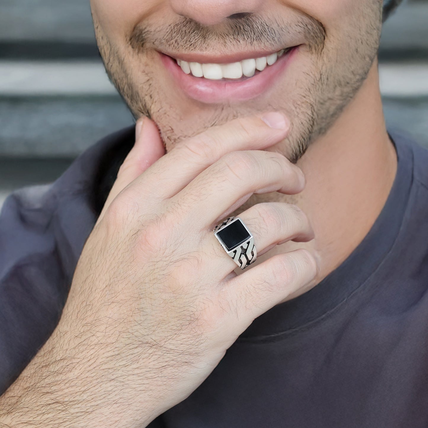 Sterling Silver Cuban Link Ring with Black Onyx Stone for Men