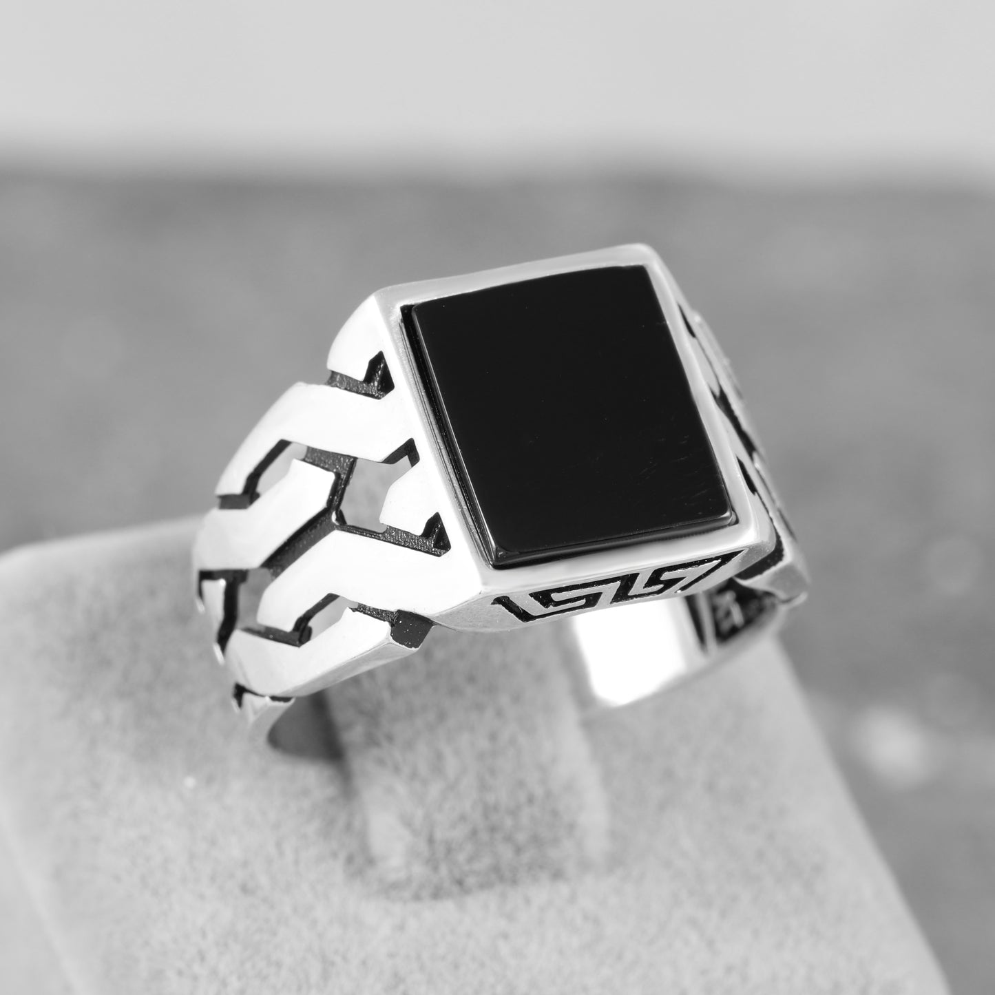 Sterling Silver Cuban Link Ring with Black Onyx Stone for Men