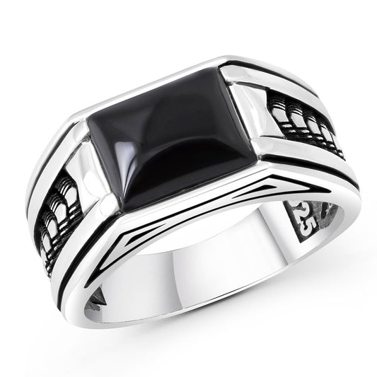 Chimoda Arrow Pattern Sterling Silver Ring for Men Onyx Stone