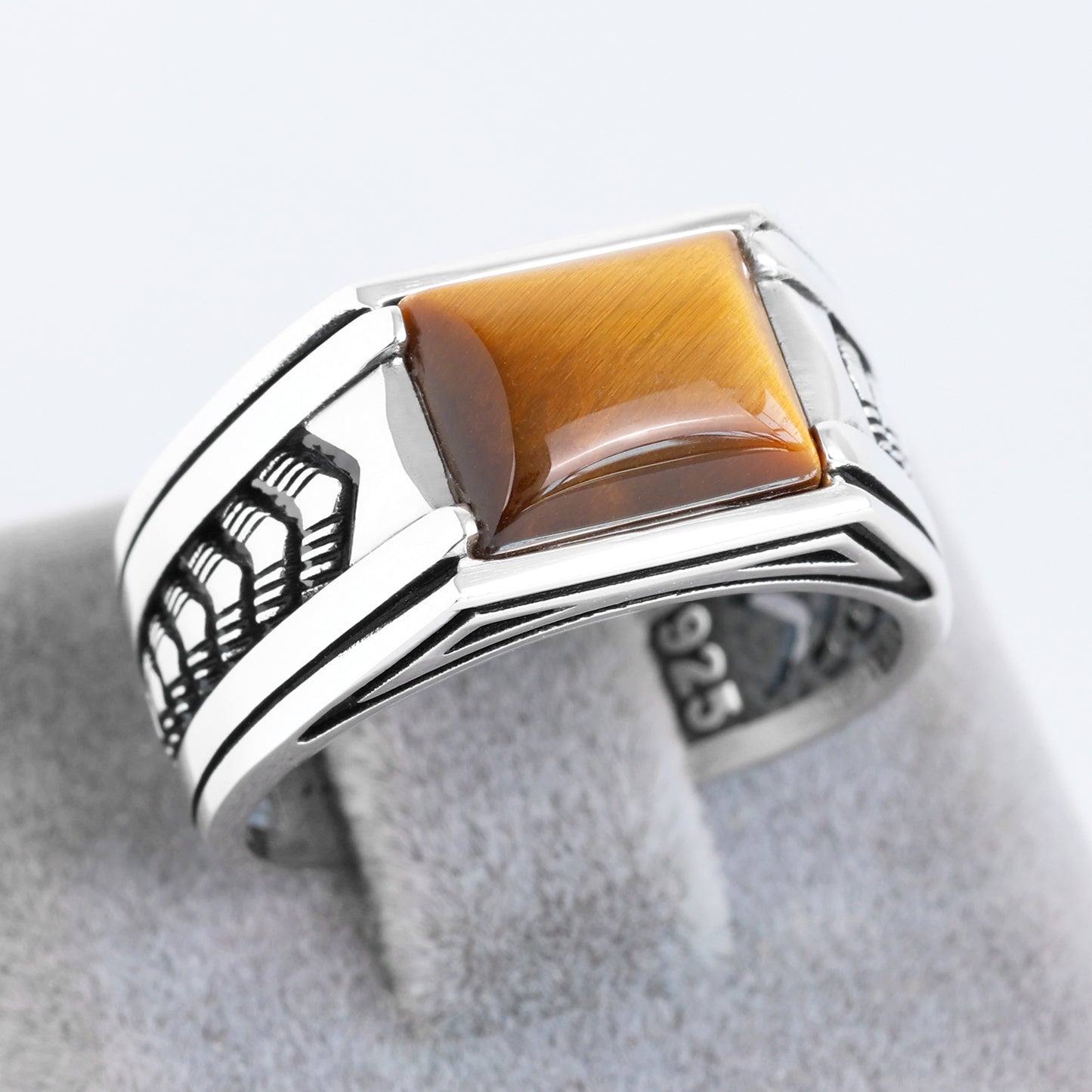 Chimoda Arrow Pattern Sterling Silver Ring for Men Tiger Eye Stone