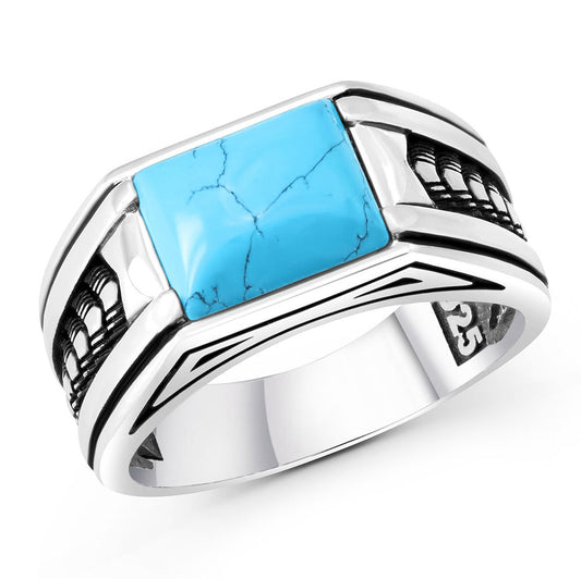 Chimoda Arrow Pattern Sterling Silver Ring for Men Turquoise Stone