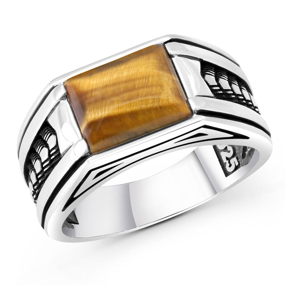 Chimoda Arrow Pattern Sterling Silver Ring for Men Tiger Eye Stone