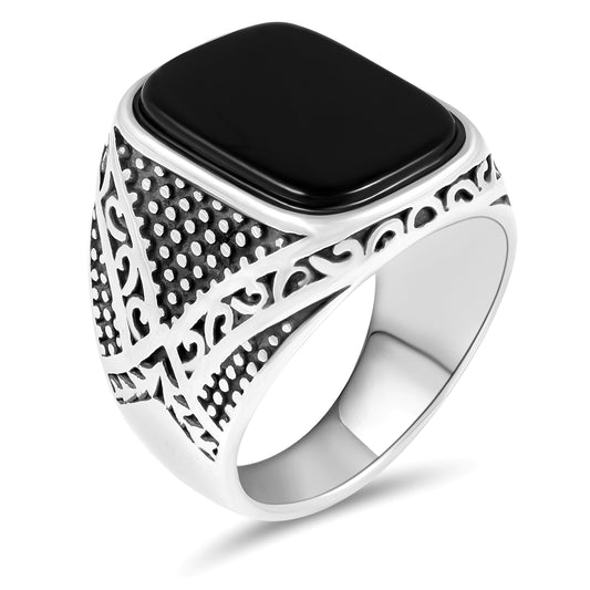 Stainless Steel Men's Ring with Black Agate Stone, Intricate Motif Design