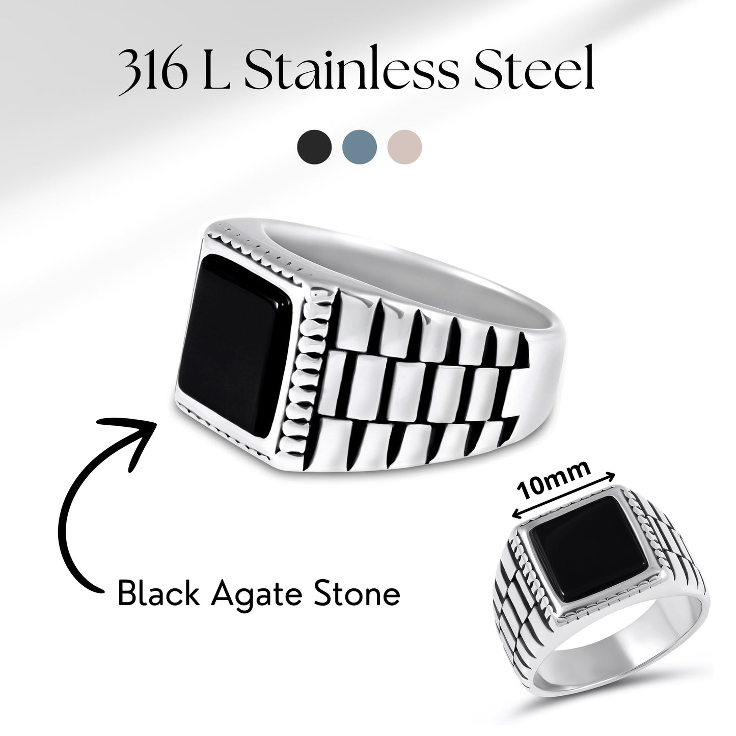 Stainless Steel Ring for Men with Black Agate Stone