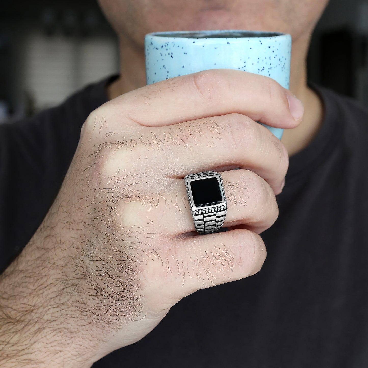 Stainless Steel Ring for Men with Black Agate Stone