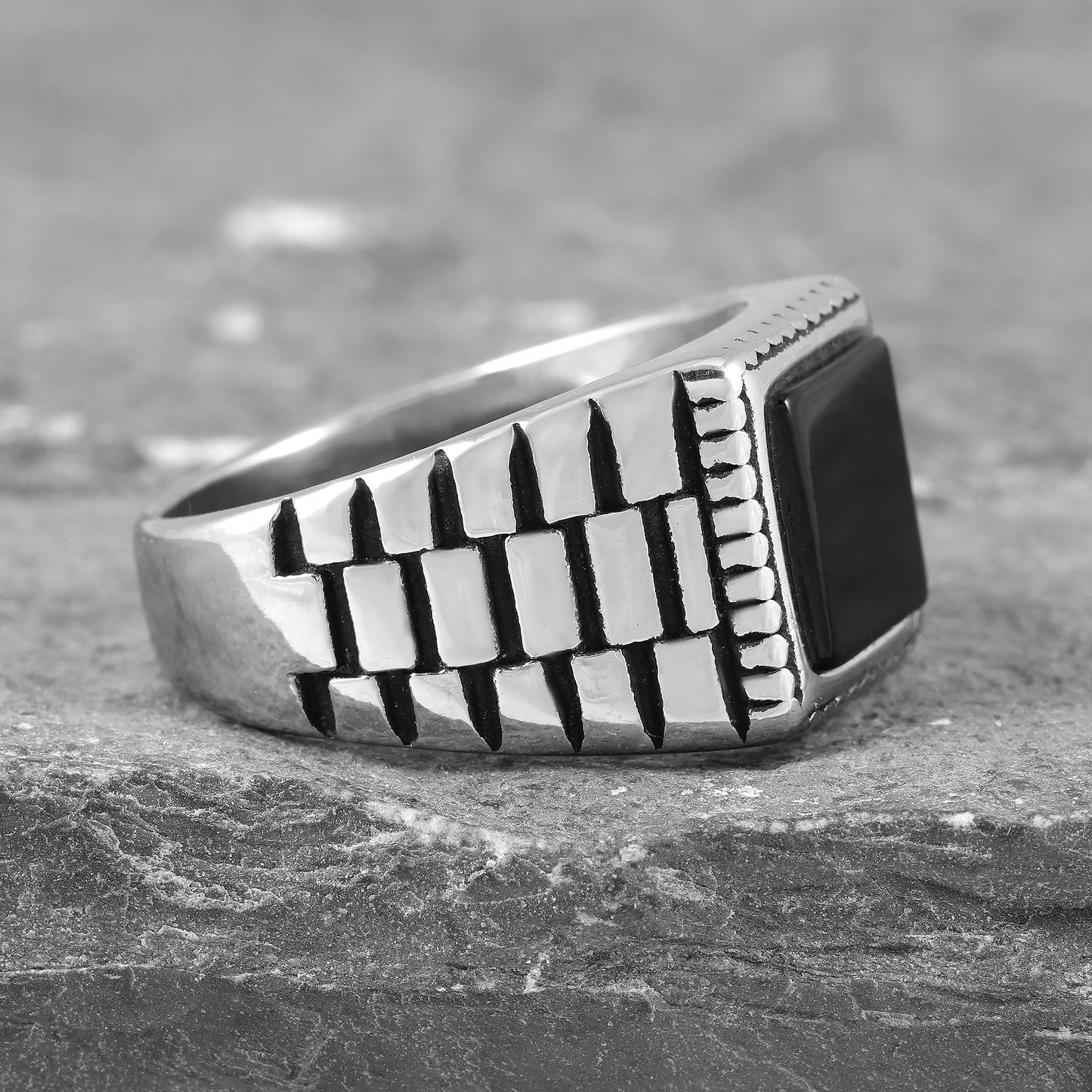 Stainless Steel Ring for Men with Black Agate Stone