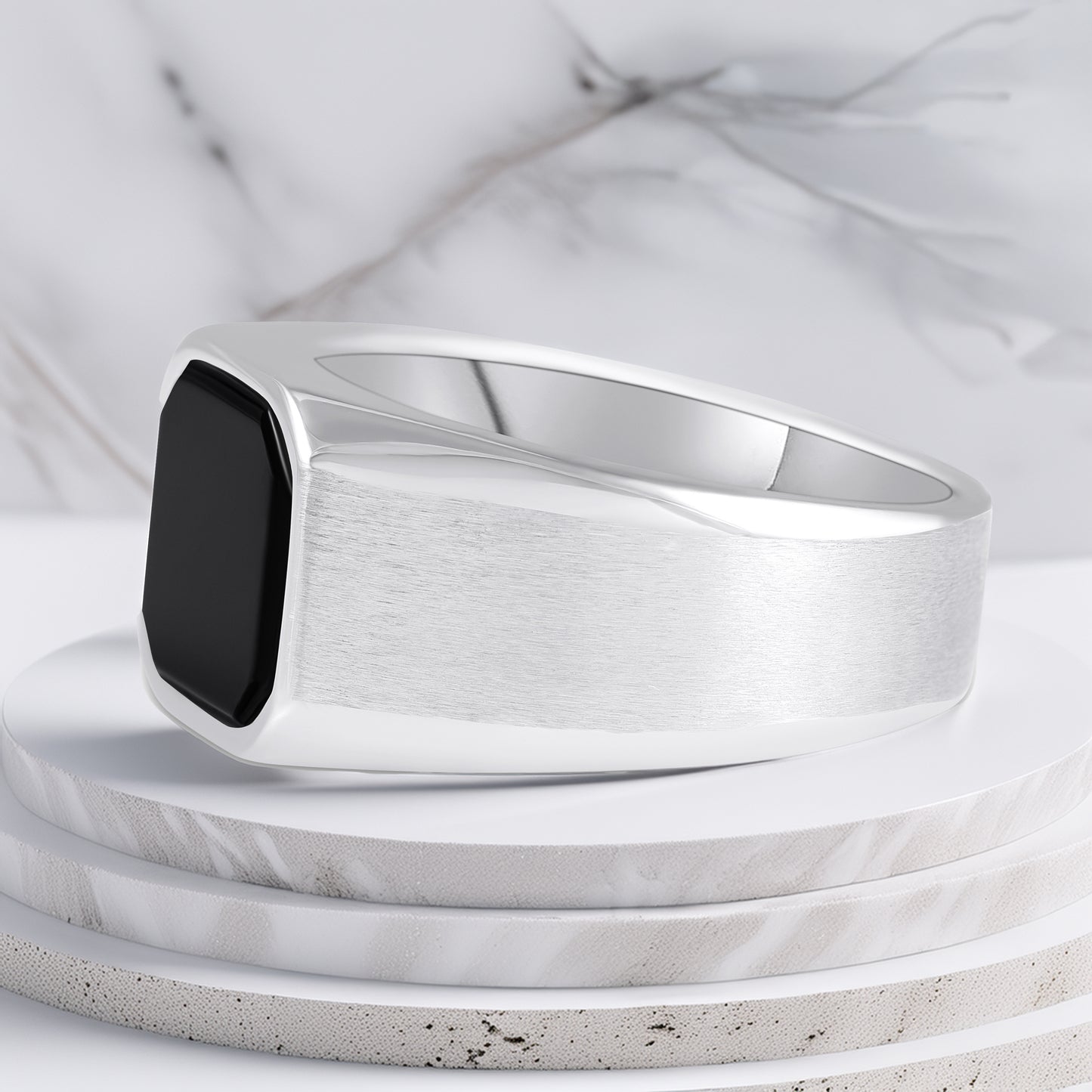 Stainless Steel Ring for Men with Black Agate Stone