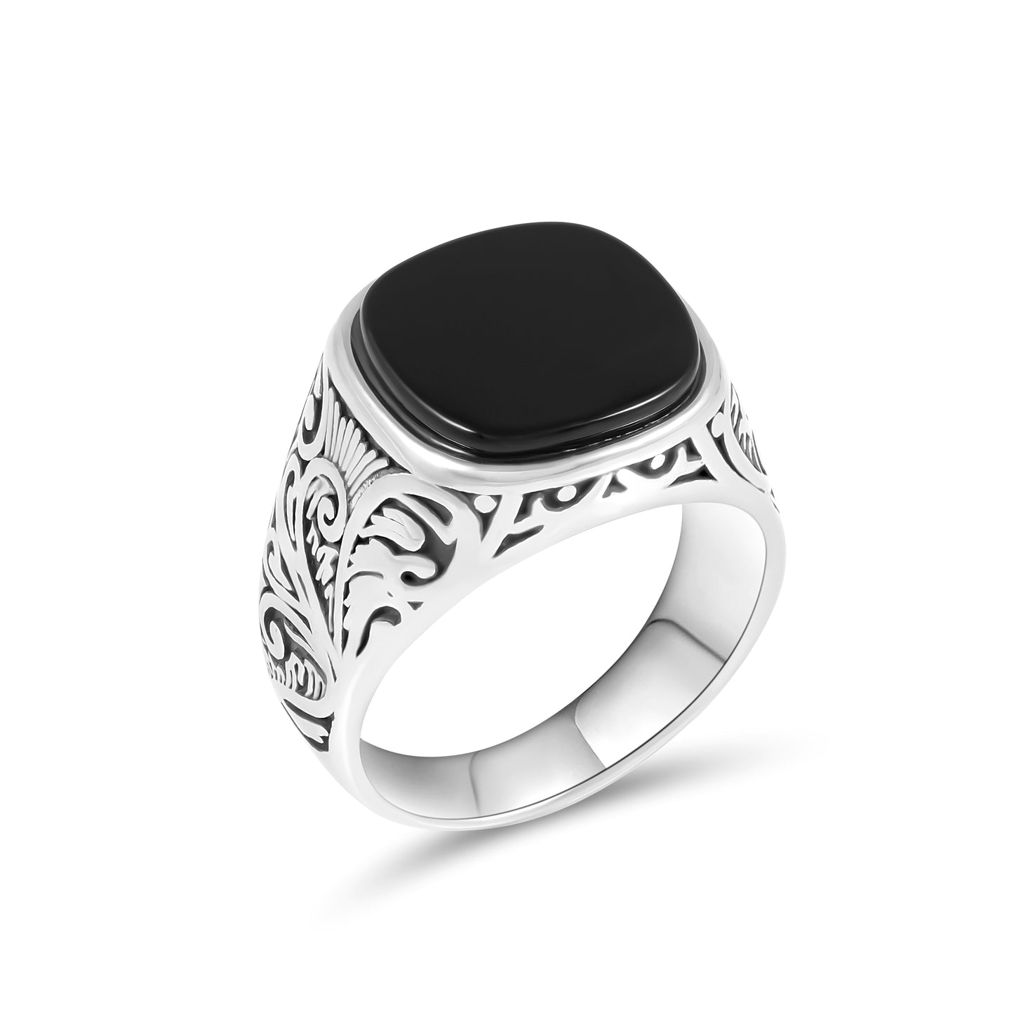 Men's Stainless Steel Ring with Black Agate Stone – Elegant Scroll Motifs – Durable and Hypoallergenic