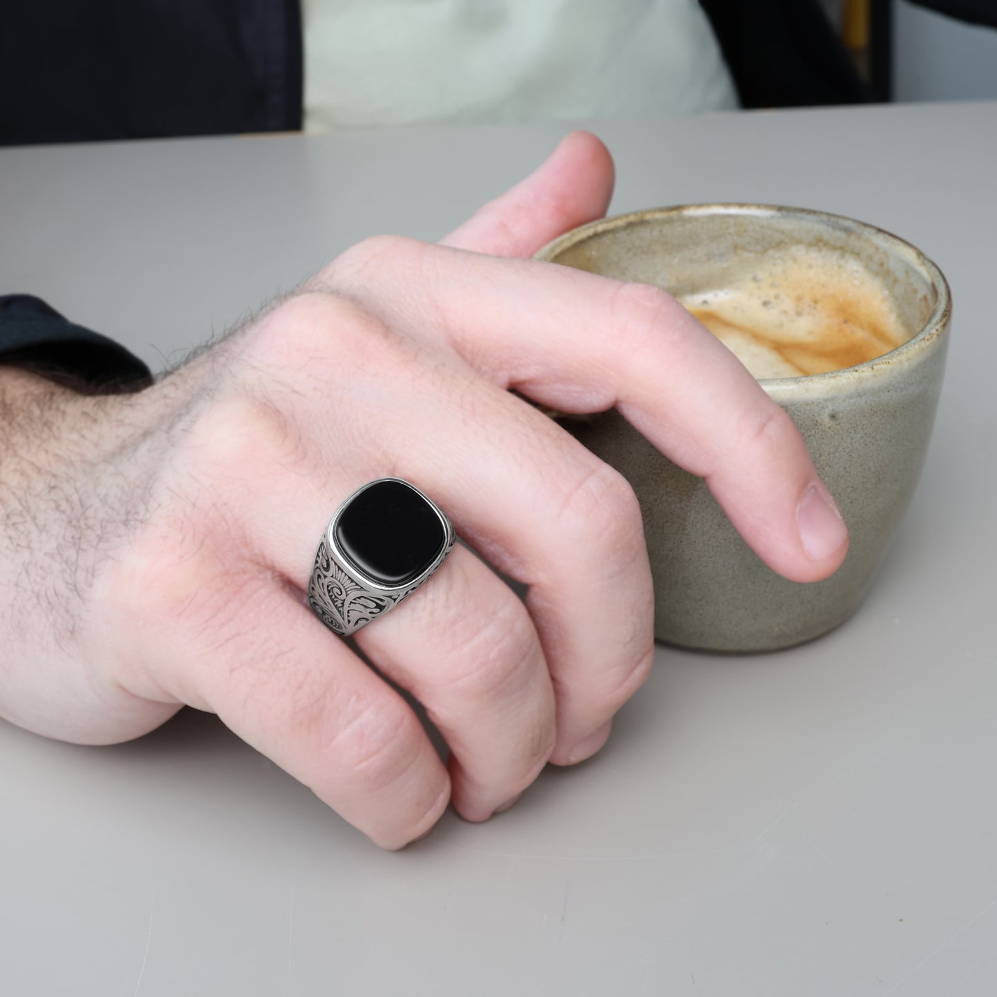 Men's Stainless Steel Ring with Black Agate Stone – Elegant Scroll Motifs – Durable and Hypoallergenic