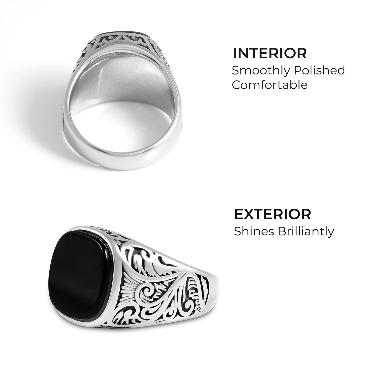 Men's Stainless Steel Ring with Black Agate Stone – Elegant Scroll Motifs – Durable and Hypoallergenic