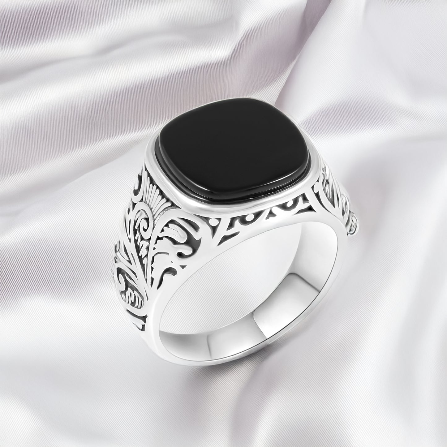 Men's Stainless Steel Ring with Black Agate Stone – Elegant Scroll Motifs – Durable and Hypoallergenic