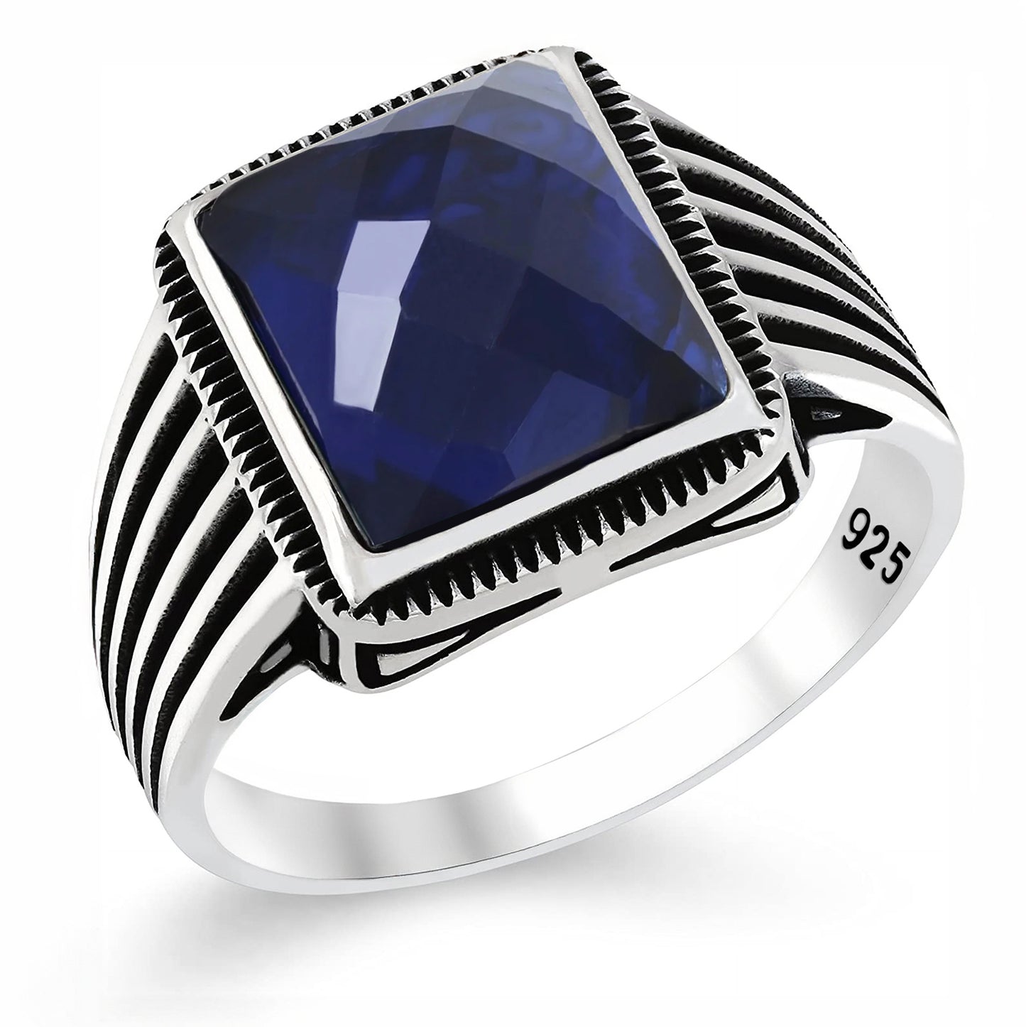 Chimoda Striped Pattern Sterling Silver Ring for Men Blue CZ Stone